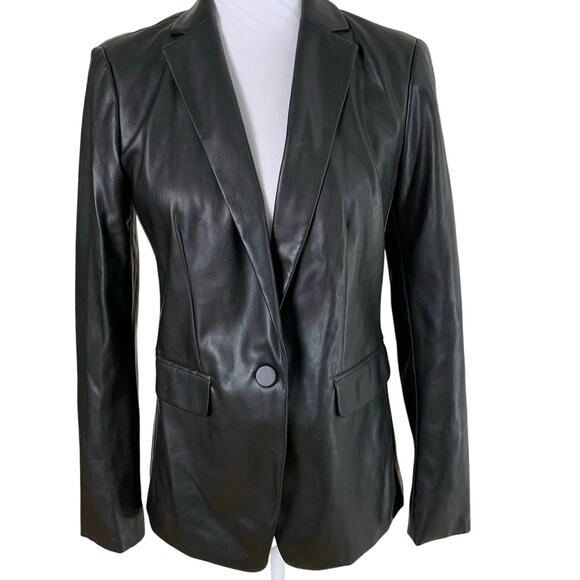 Ann Taylor Size 2 Women's Faux Leather One Button Blazer Jacket Black Outdoor - Picture 1 of 9